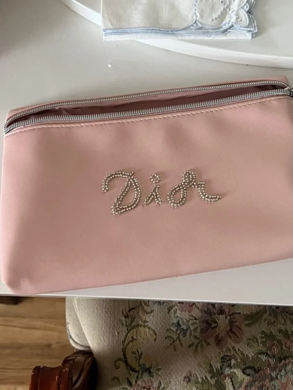 Dior Beauty Beaded Pink Faux Leather Makeup Bag